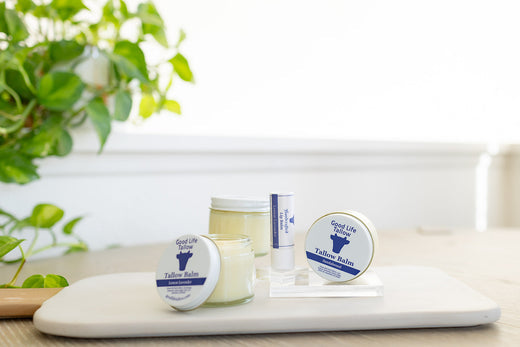 lip balm with grass fed beef tallow base to heal and repair dry lips with natural ingredients