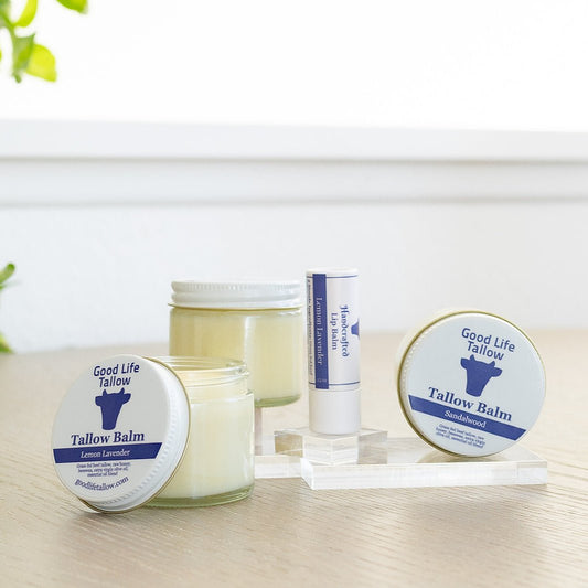 Showcase image of tallow balm starter pack with sandalwood, lemon lavender, and orange citrus tallow balm, and lemon lavender tallow lip balm or chapstick