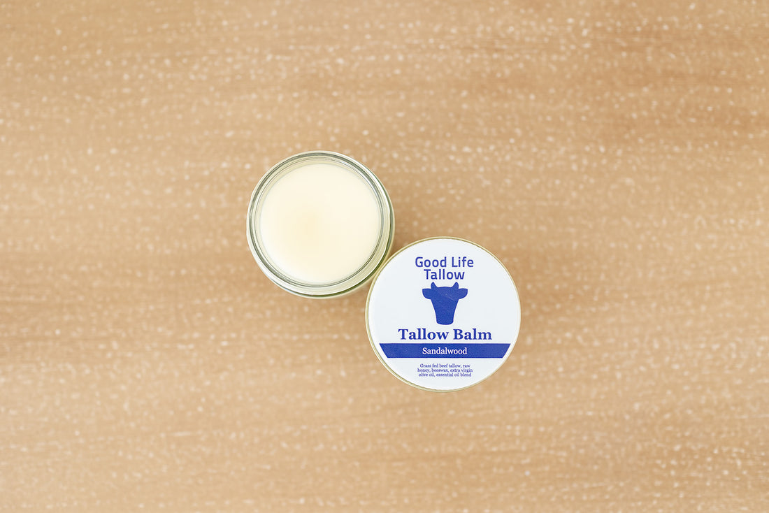 top view of grass fed tallow balm jar with raw honey and extra virgin olive oil