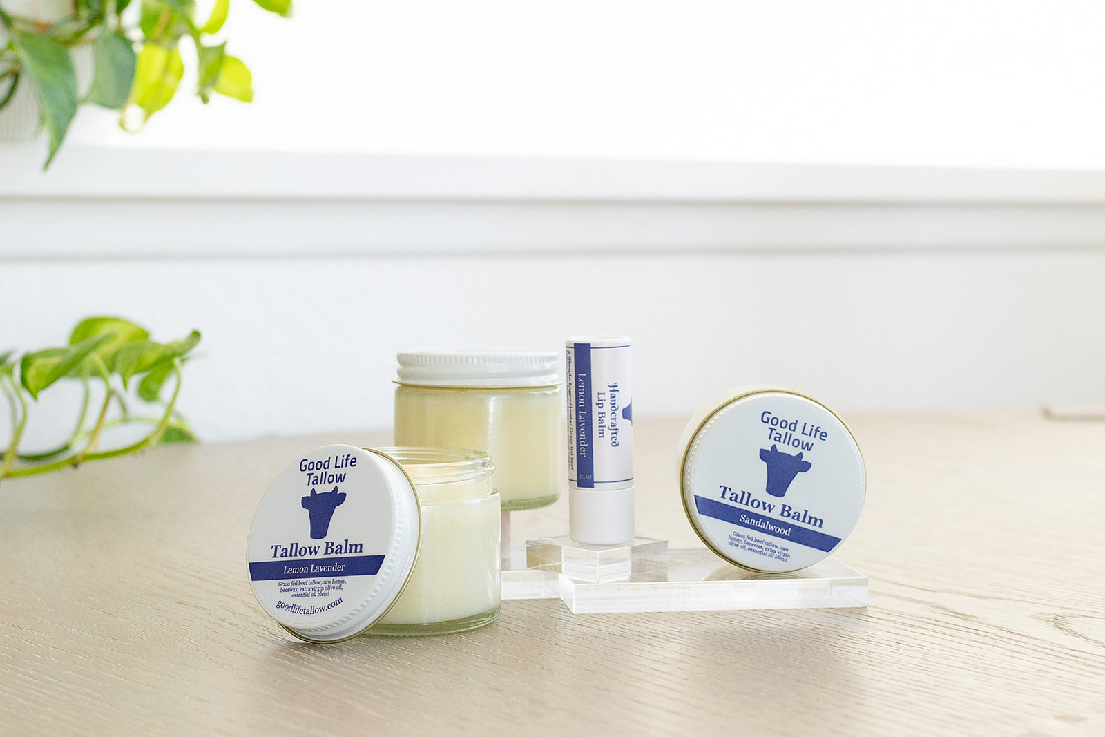 Showcase image of tallow balm starter pack with sandalwood, lemon lavender, and orange citrus tallow balm, and lemon lavender tallow lip balm or chapstick