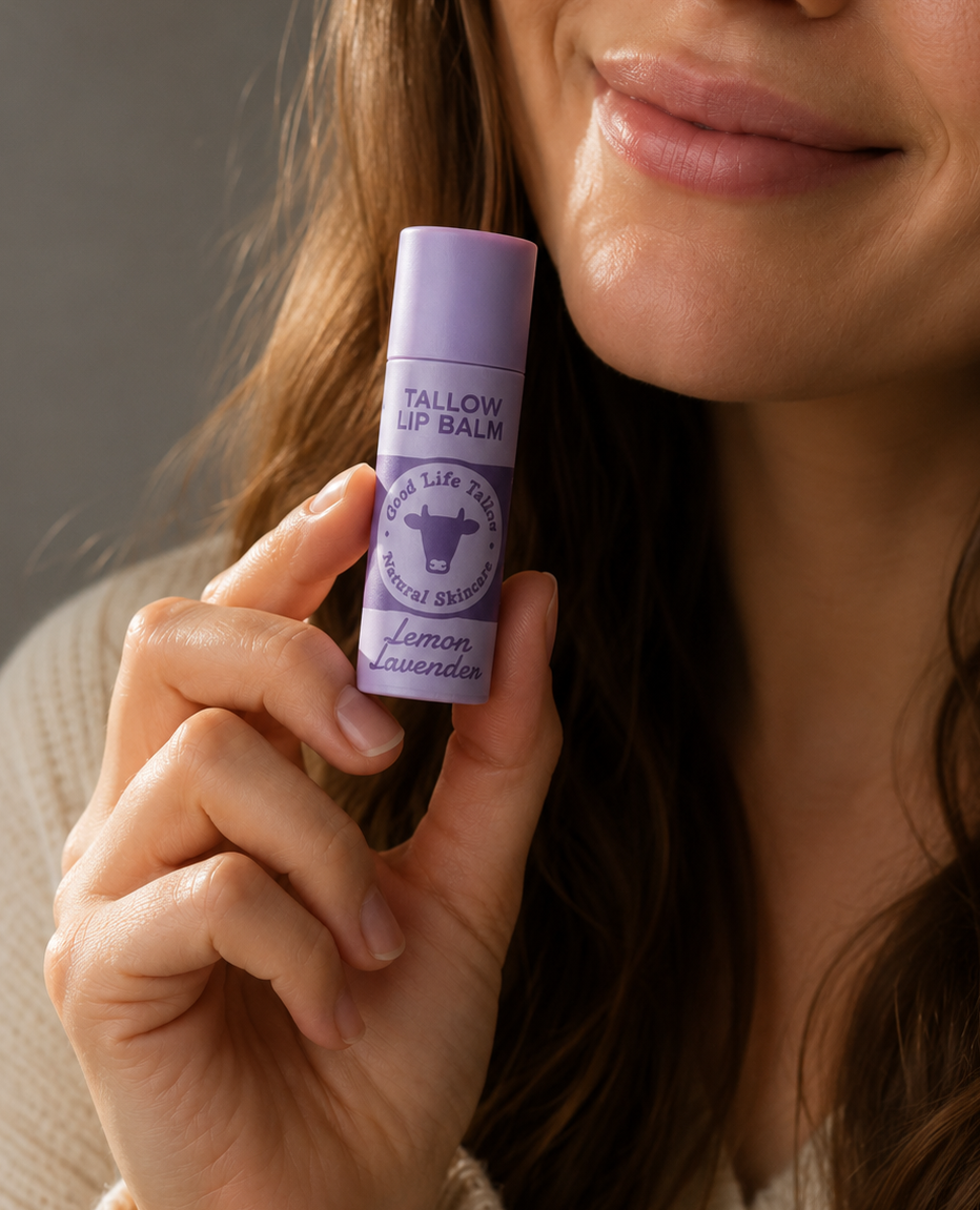 A woman holds a lavender lip balm tube labeled 'Tallow Lip Balm Lemon Lavender' against a neutral gray background.