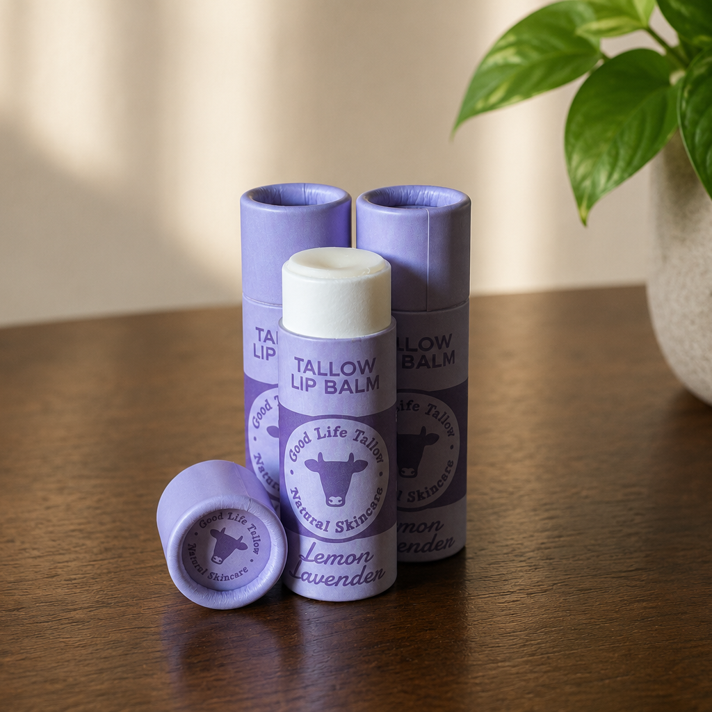 Three lavender lip balm tubes and one loose cap on a wooden table, with a potted green plant in the background. The label reads 'Tallow Lip Balm' and 'Lemon Lavender'.
